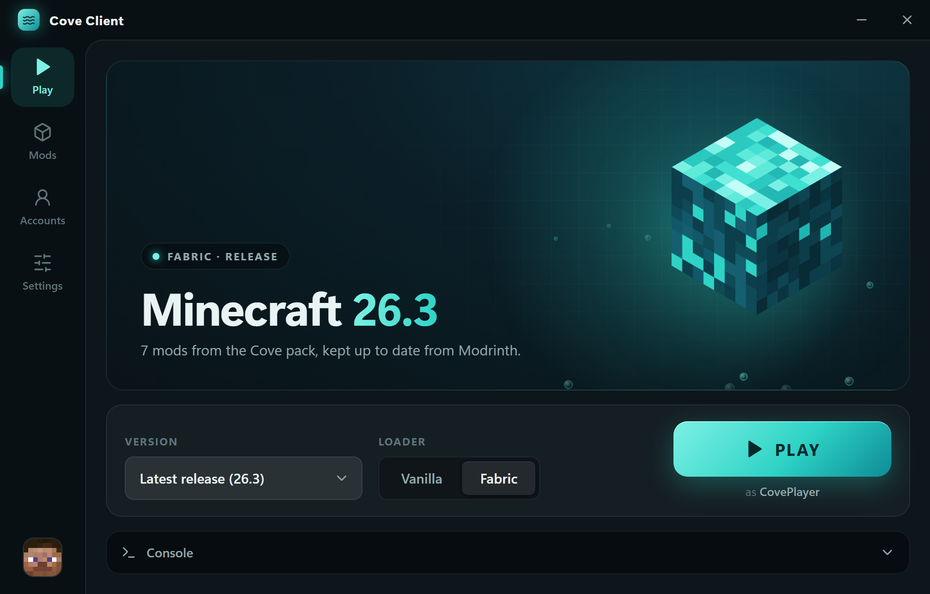 The Cove Client launcher on its Play screen, set to the latest release with Fabric, with a large Play button